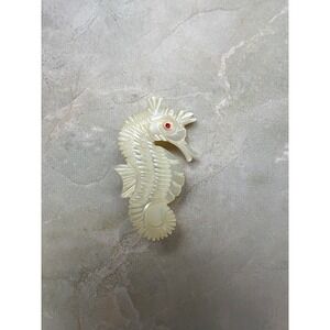 Vintage Mother of Pearl Carved Sea Horse with Red Eye Brooch Pin